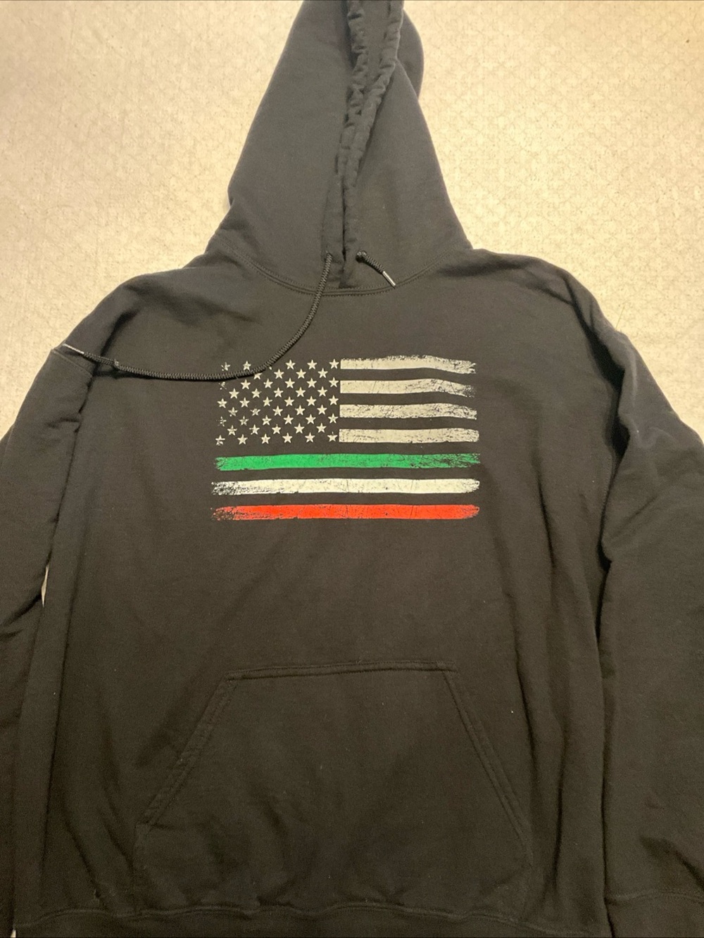 Black Men's Hoodie with Distressed American Flag and Green & Red Stripes